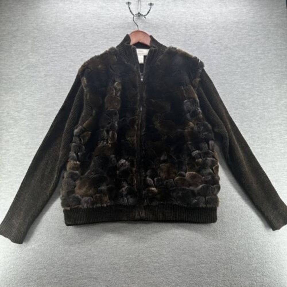 Lisa International Brown Faux Fur Sweater Jacket Women's Large (A40)